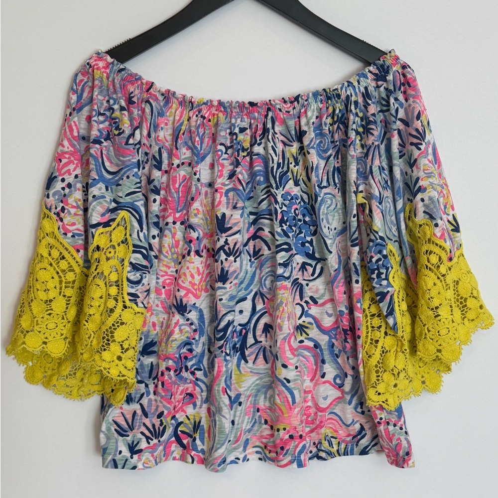 Lilly Pulitzer Multicolor Off-Shoulder Top with Yellow Lace Sleeves